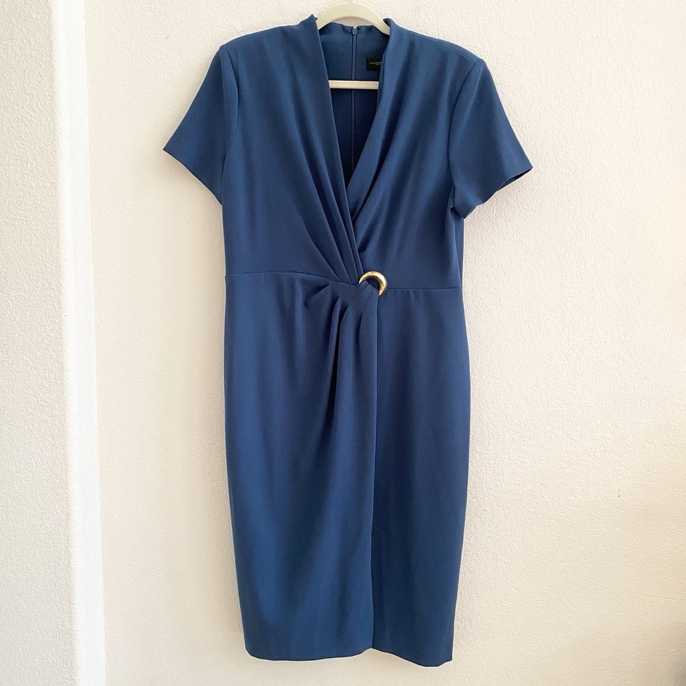 DKNY Womens Twist Front Short Sleeve‎ Career Blue Dress Size 14 Zipper Back $149
